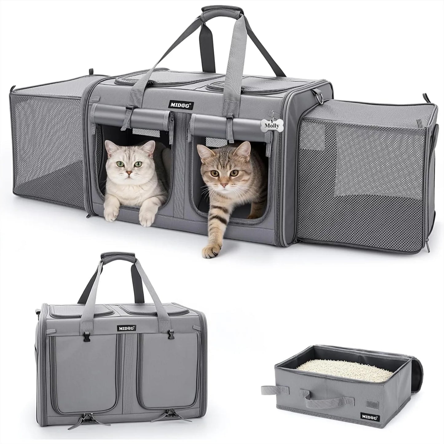 Cat Carrier With Litter Box Expandable Dual Compartment For Two Cats