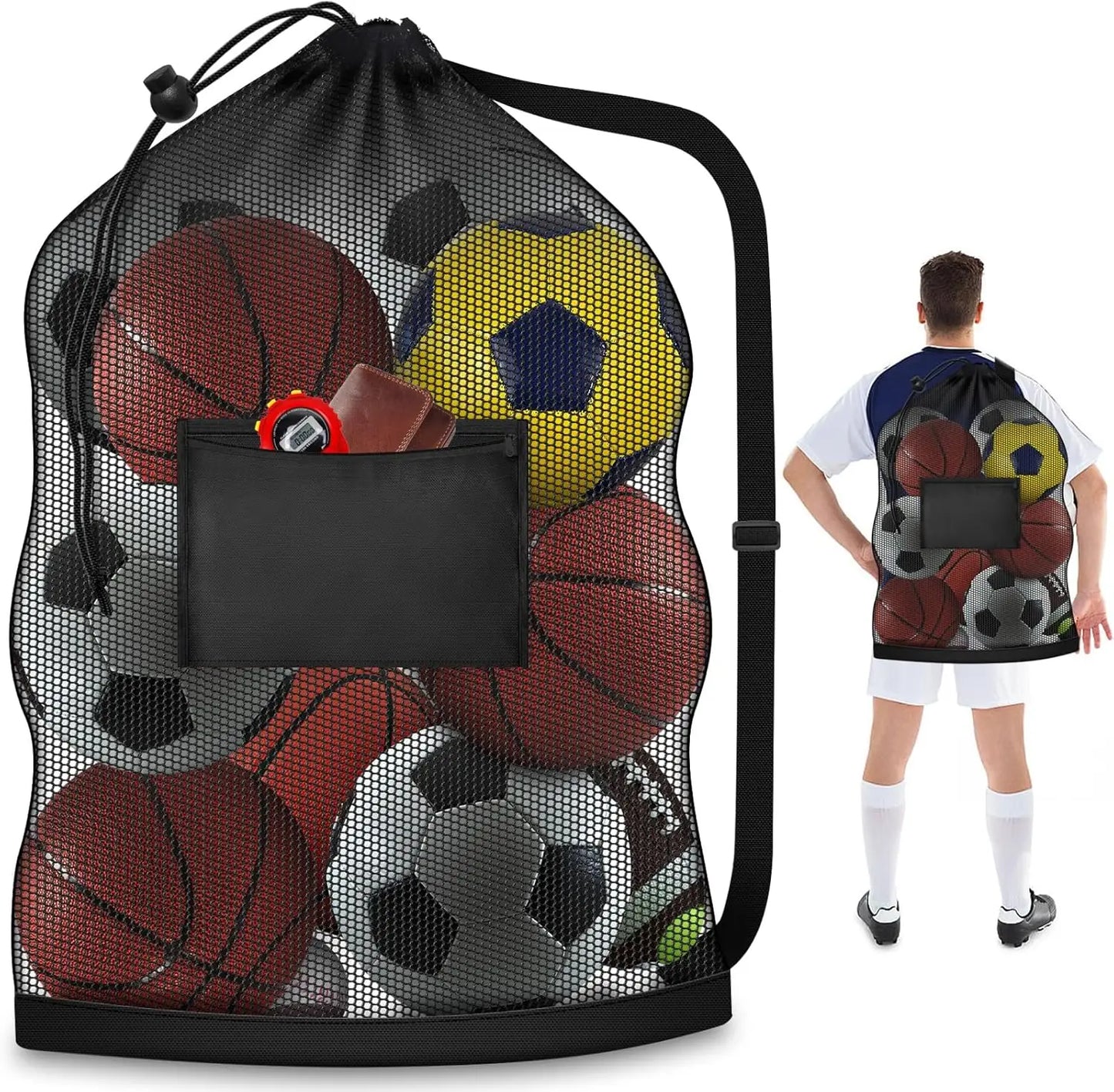 Heavy Duty Mesh Ball Bag With Strap Holds 8 Basketballs Or 10 Balls