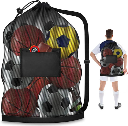 Heavy Duty Mesh Ball Bag With Strap Holds 8 Basketballs Or 10 Balls