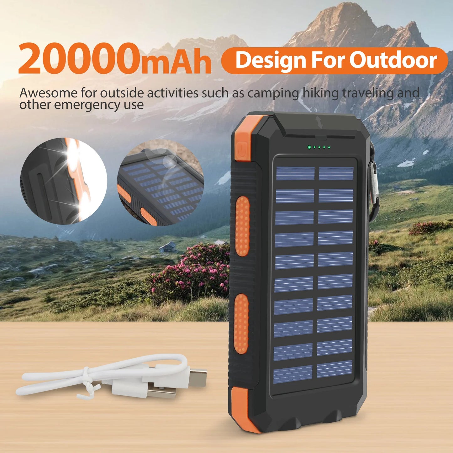 20000mAh Solar Power Bank Outdoor Waterproof Dual USB Ports